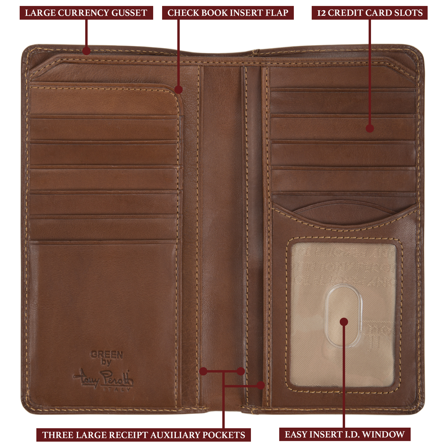 Leather Bifold Breast Pocket Checkbook Wallet Italian Leather by Tony